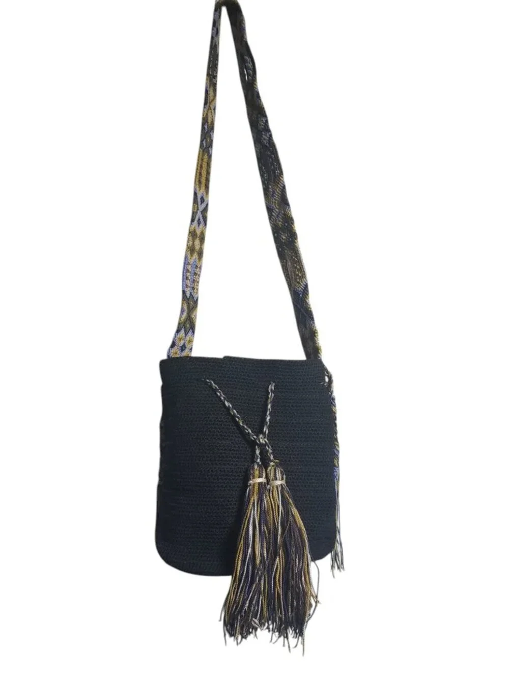 Handmade Women's Black Crochet Wayuu Mochila Boho Bohemian Bucket Bag